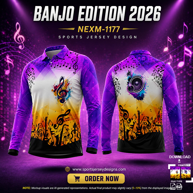 NEXM-1177 PINK,YELLOW AND WHITE PATTERN MUSICAL BANJO GROUP SUBLIMATION JERSEY DESIGN IN ORANGE AND BLACK COLOR